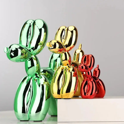 Mini Ceramic Balloon Dog Statue in glossy green, yellow, and red colors, perfect decor for homes and gifts.