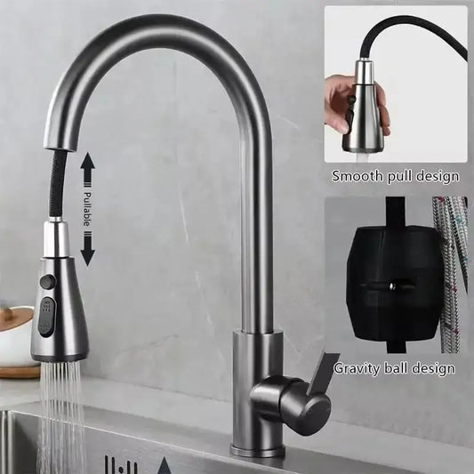 Stainless Steel Pull-Out Faucet showcasing smooth pull design and gravity ball for easy use.