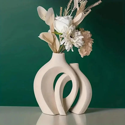 Chic Boho Ceramic Vases Set in beige with decorative flowers, ideal for modern home decor.