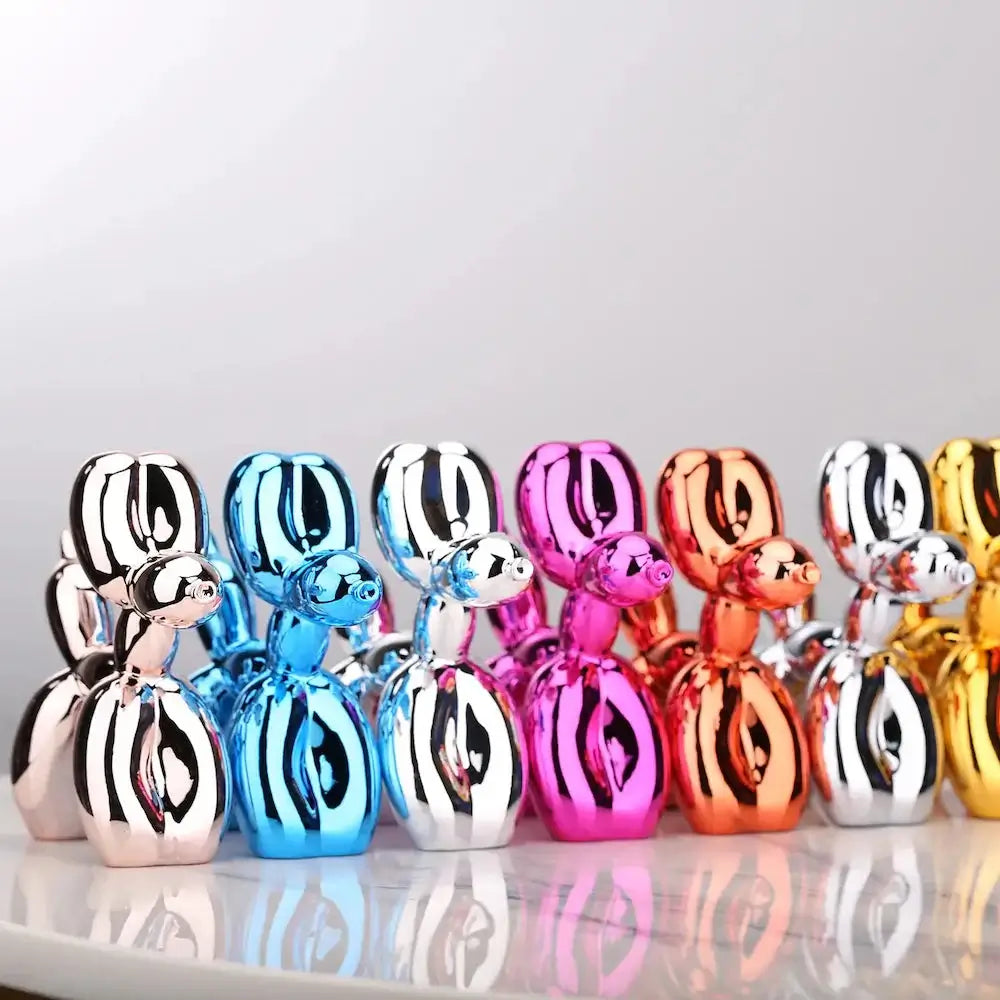 Colorful Mini Ceramic Balloon Dog Statues in silver, blue, pink, and gold with shiny finishes.