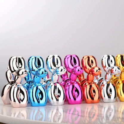 Colorful Mini Ceramic Balloon Dog Statues in silver, blue, pink, and gold with shiny finishes.