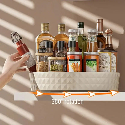 360-degree spice organizer featuring a 360-degree rotation mechanism with bottles and jars on a modern shelf.