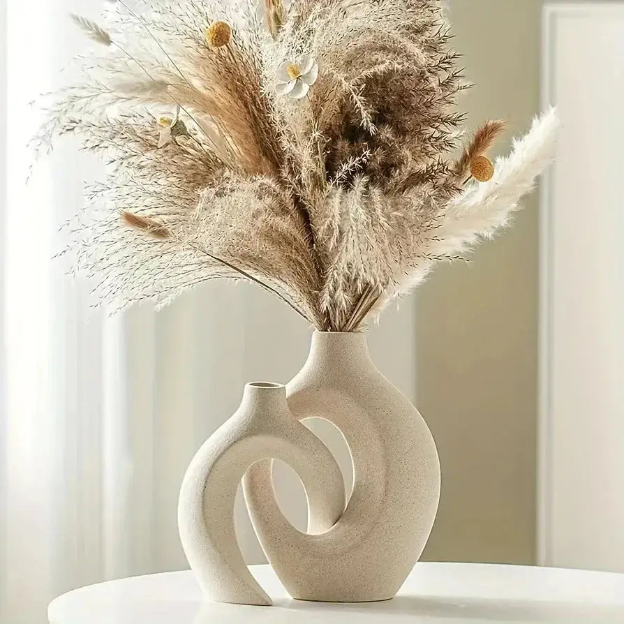 Chic Boho Ceramic Vases Set featuring unique hollow design with pampas grass arrangement, perfect for modern home decor.