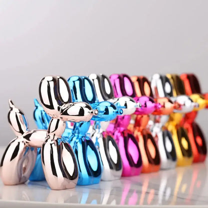 Colorful display of Mini Ceramic Balloon Dog Statues in various glossy finishes.