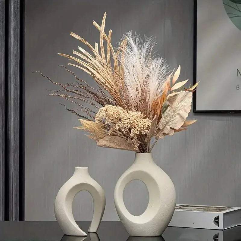 Chic Boho Ceramic Vases Set displaying dried flowers in elegant home decor.