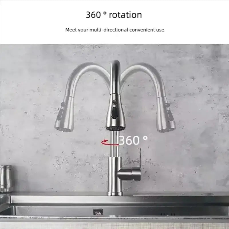 Stainless Steel Pull-Out Faucet with 360° rotation for versatile kitchen use.
