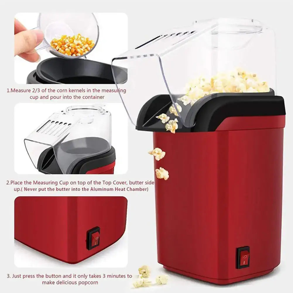 Home Hot Air Popcorn Maker showing how to prepare popcorn easily and quickly in under 3 minutes.