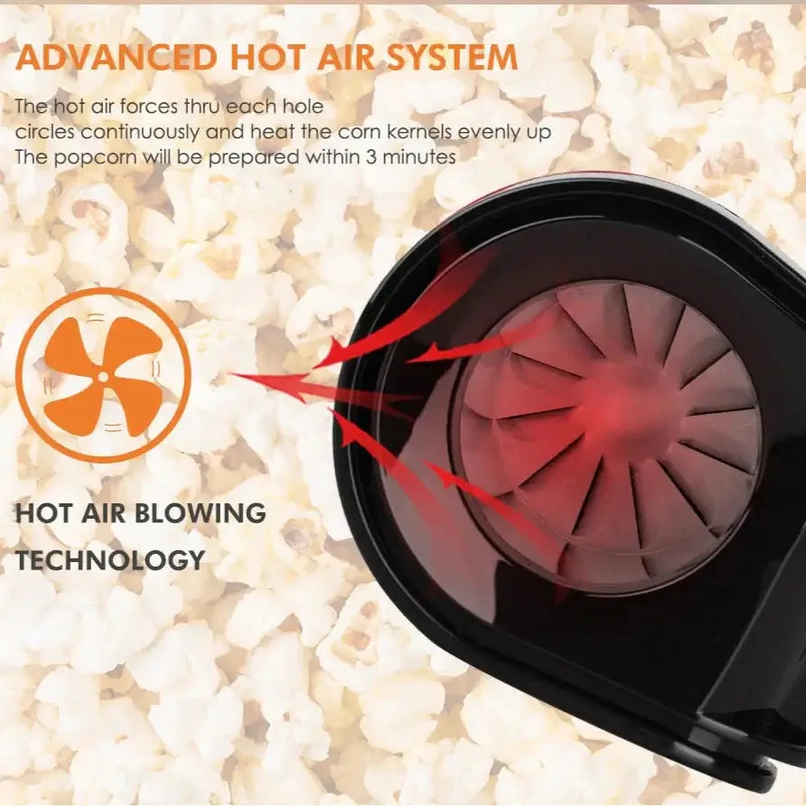 Home Hot Air Popcorn Maker showcasing advanced hot air system for quick popcorn preparation.