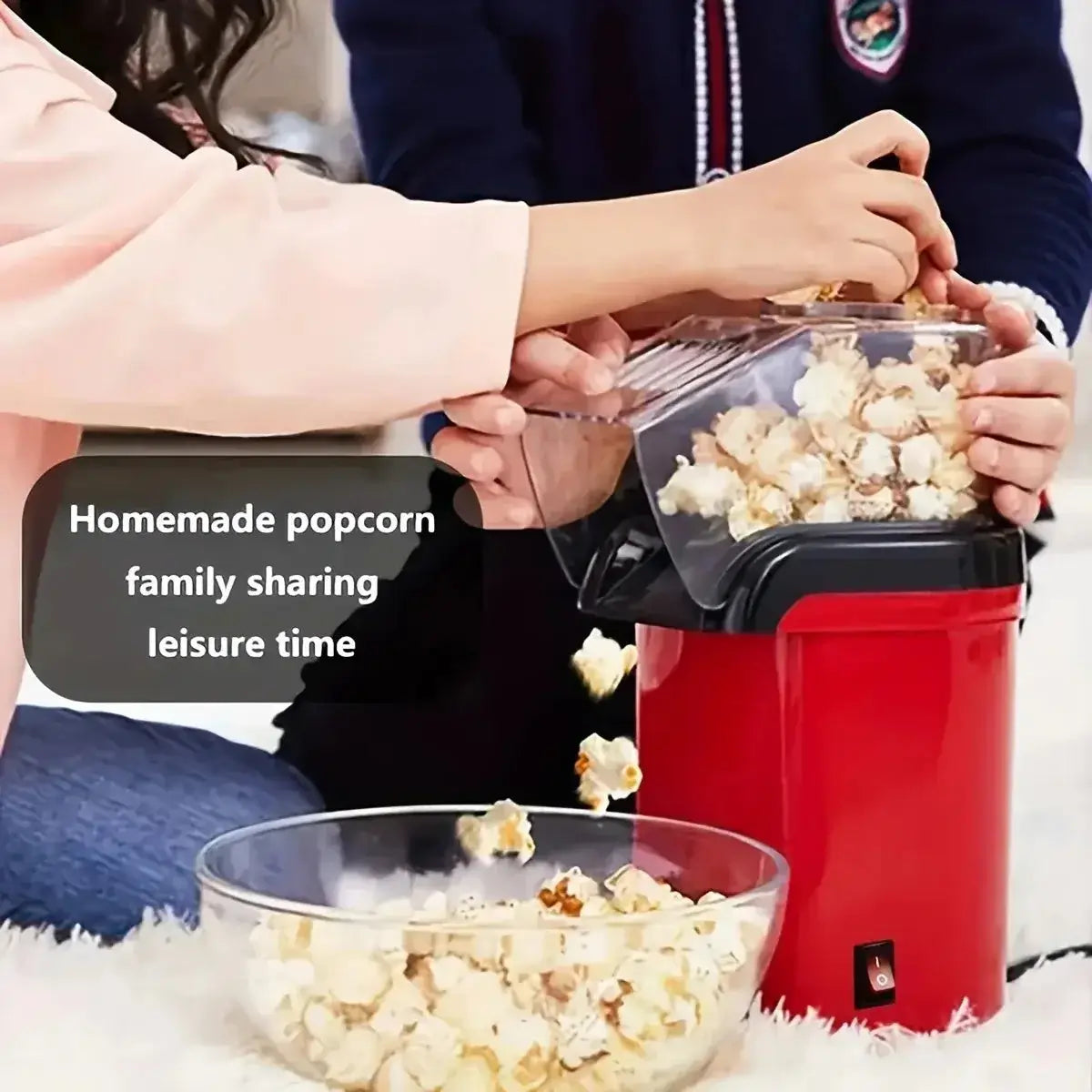 Home Hot Air Popcorn Maker in use, family enjoying homemade popcorn during leisure time.