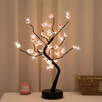 Cherry Blossom LED Bonsai Tree with soft illumination, decorative lamp for home, touch switch for easy operation.