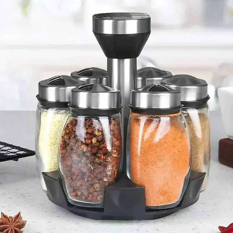 Glass Spice Rack Organizer Set with transparent bottles and rotating base for easy access to spices