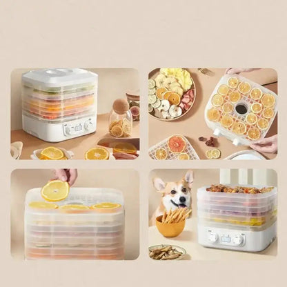 ThermoSafe Food dehydrator for drying fruits, vegetables, and snacks efficiently, showcasing colorful dehydrated foods.