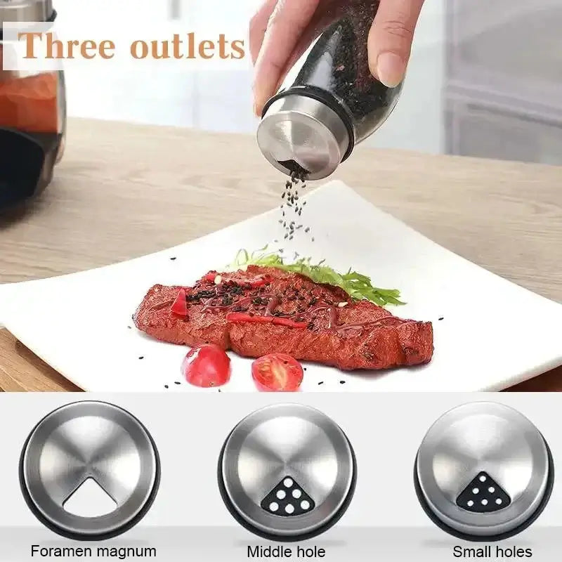 Glass Spice Rack Organizer Set with three outlet options for easy seasoning on steak.