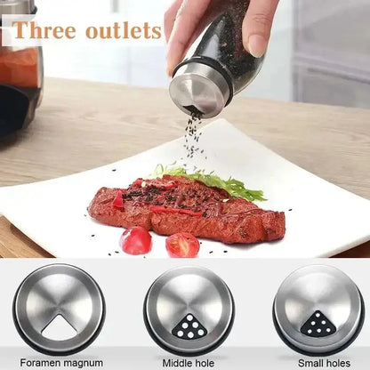 Glass Spice Rack Organizer Set with three outlet options for easy seasoning on steak.
