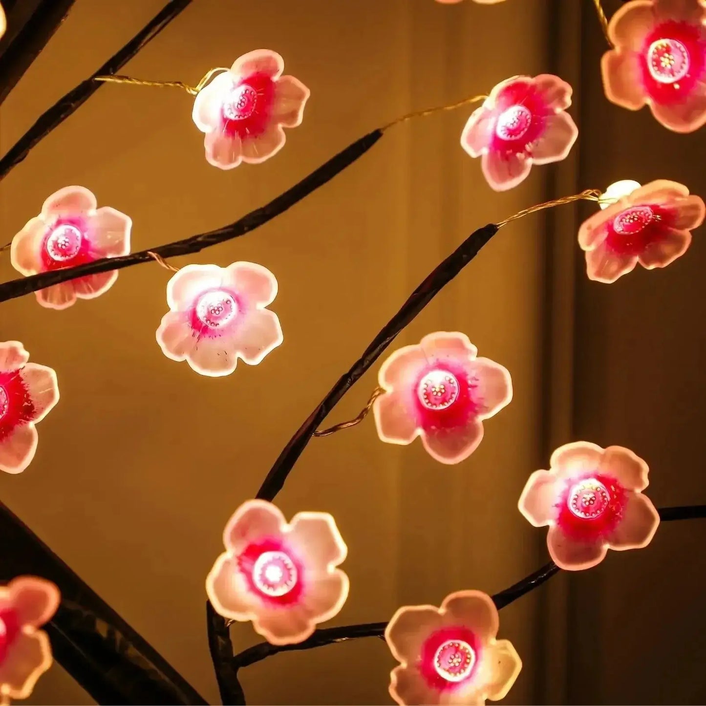 Close-up of Cherry Blossom LED Bonsai Tree flowers with soft illumination and detailed design.