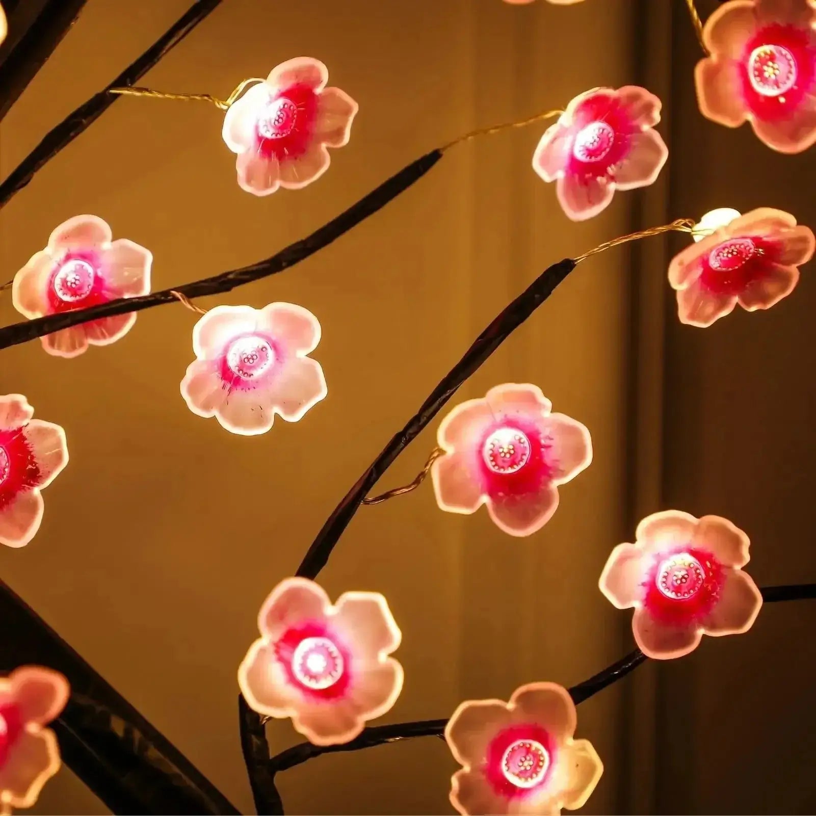 Close-up of Cherry Blossom LED Bonsai Tree flowers with soft illumination and detailed design.